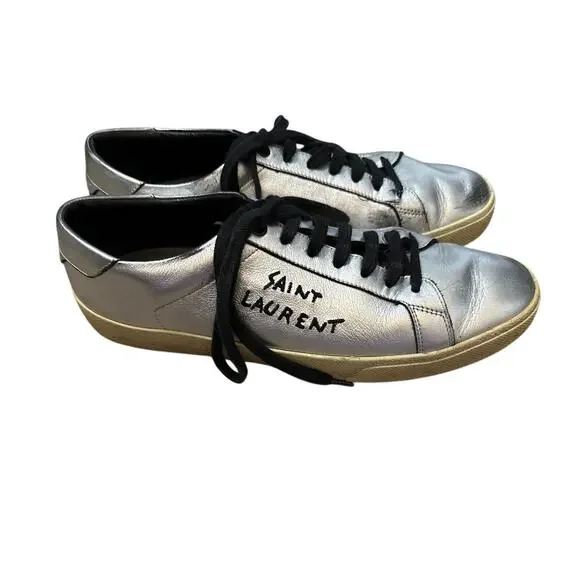 Saint Laurent Silver Sneakers Embroidered Size 43 Mens 10 **flaw**